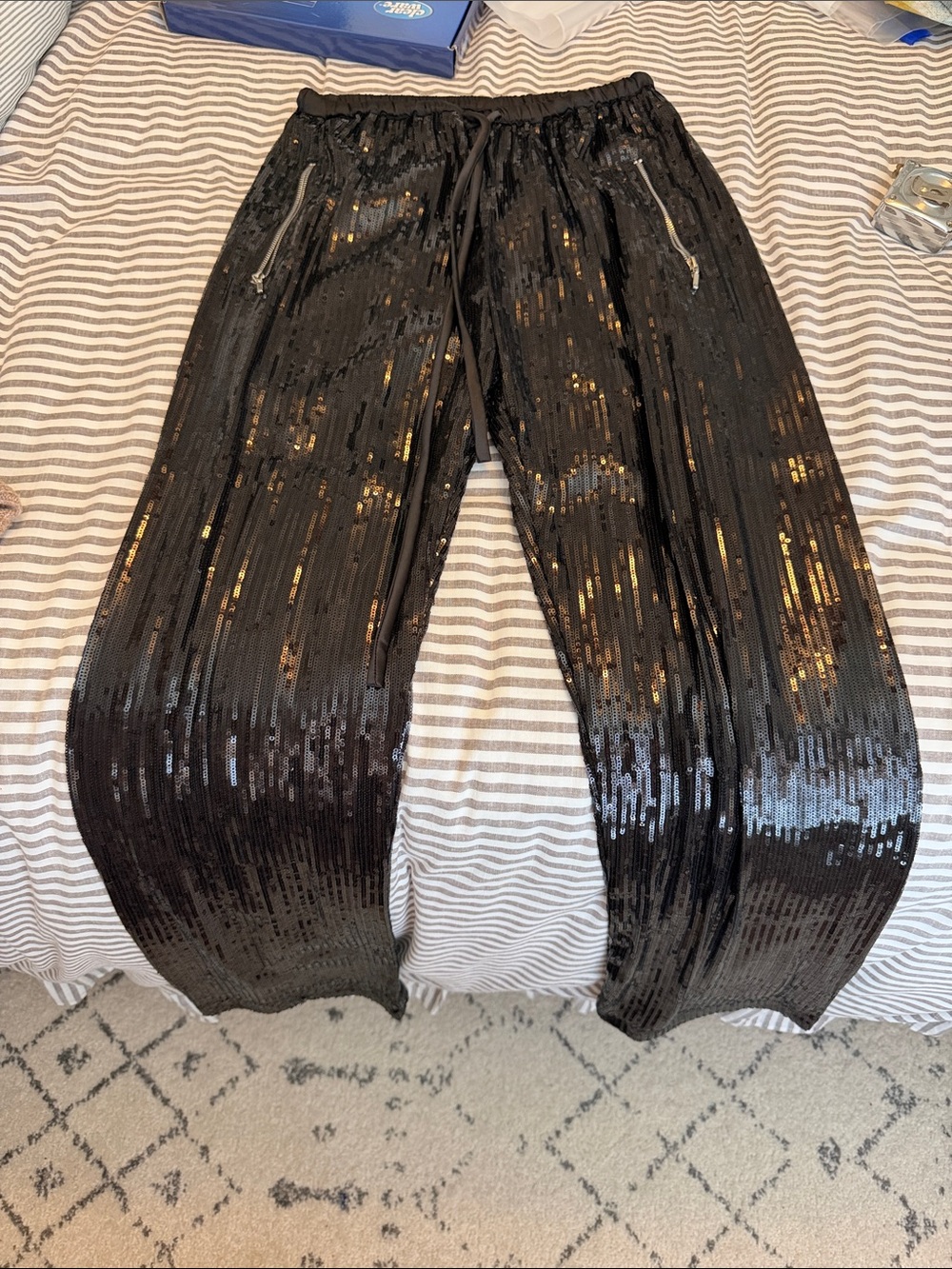 Black Sequin Cropped Ankle Pants with Drawstring Waist